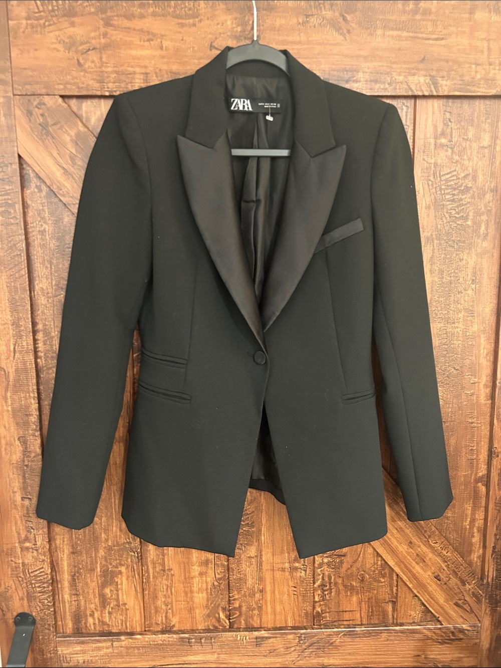 Zara Black Satin-Trim Single-Button Blazer